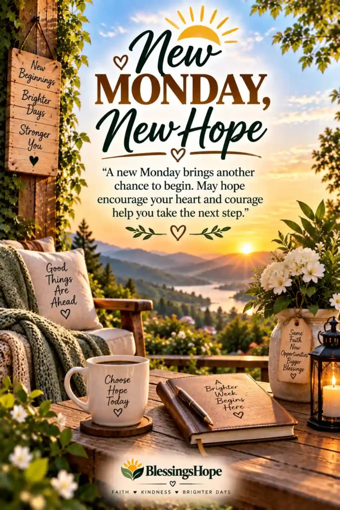 New Monday, New Hope: “A new Monday brings another chance to begin. May hope encourage your heart and courage help you take the next step.”